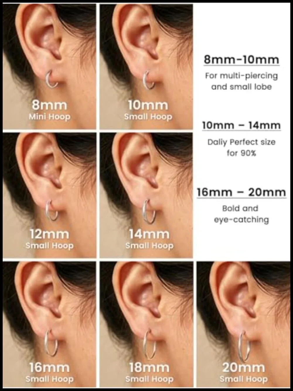 Sterling Silver Hoop Earrings 6 Size Set 8-20mm Huggie Hypoallergenic Gold